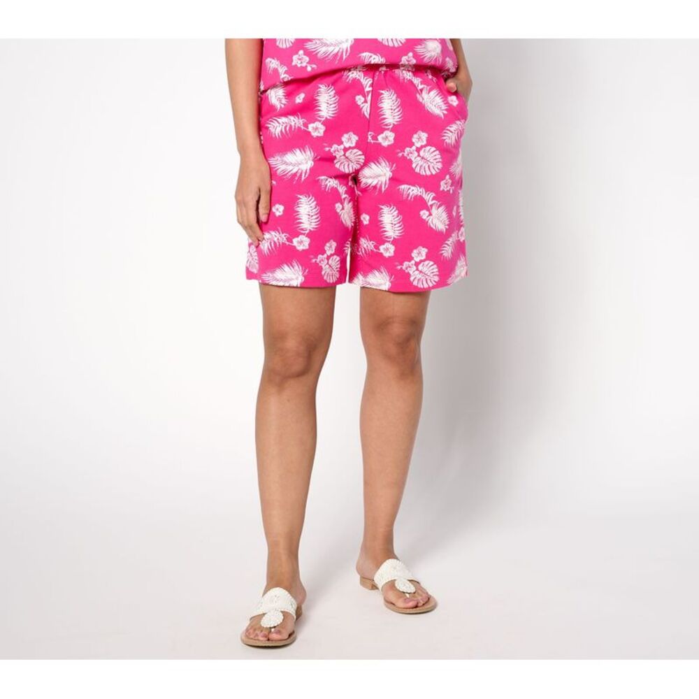 Quacker Factory Women's Shorts Sz XL Printed Palm Pull-On French Pink A647074